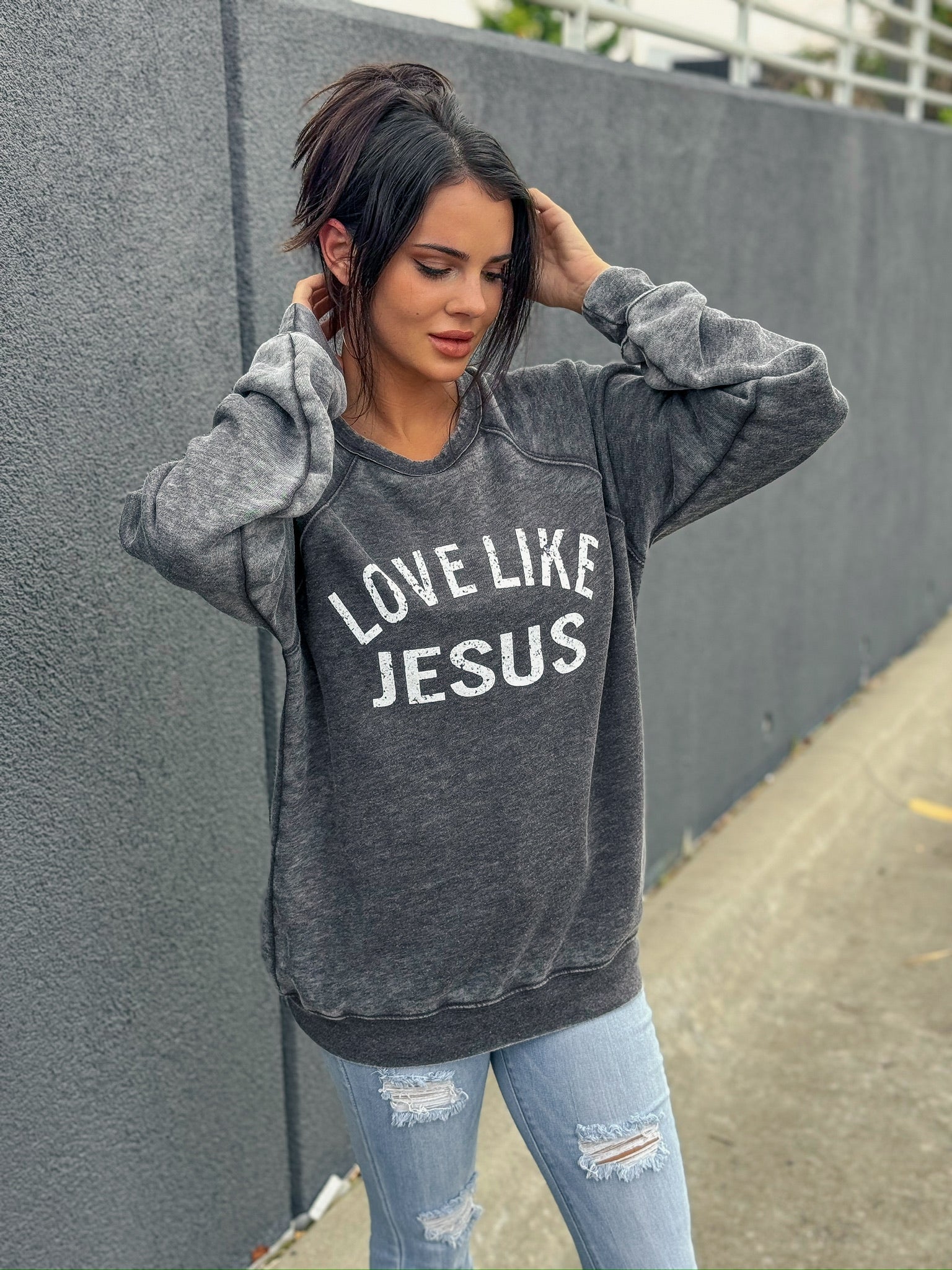 Love Like Jesus | Grey Acid Wash Fleece