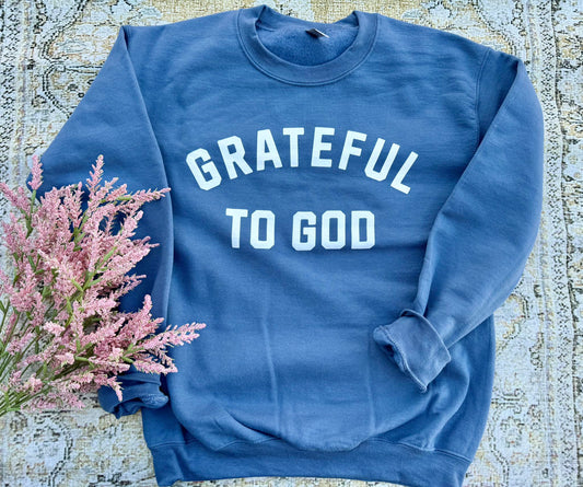 Grateful To God | Indigo Blue White Ink | Sweatshirt